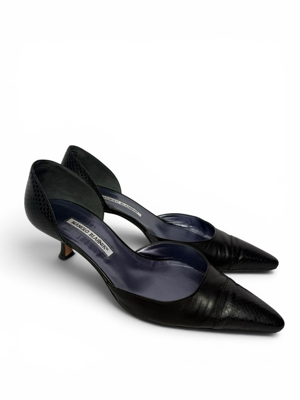 Manolo Blahnik Black Python Cap Toe D’Orsay Kitten Heels 39.5